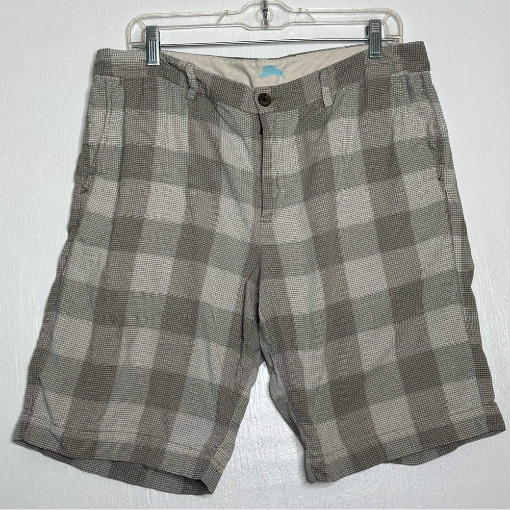 Tommy Bahama Chino Shorts Mens Size 34 Gray Plaid Cotton 9.5” Inseam